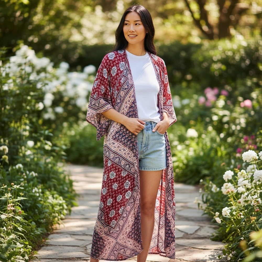 Free People Red and Blue Patterned Kimono